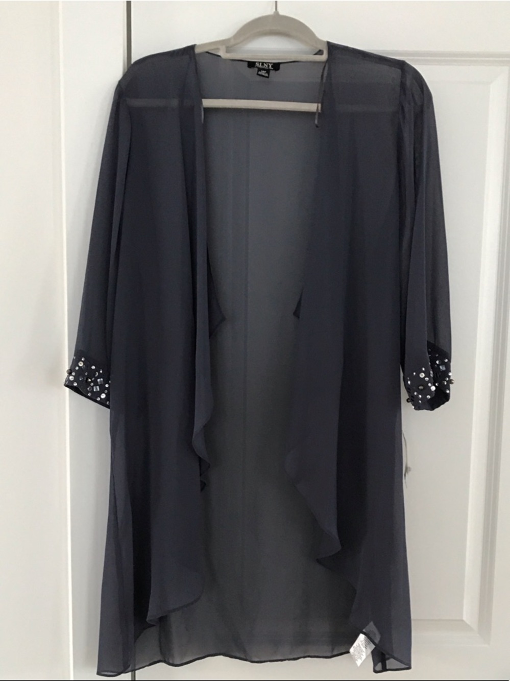 SLNY Charcoal Gray Sheer Open Kimono with Embellished Cuffs